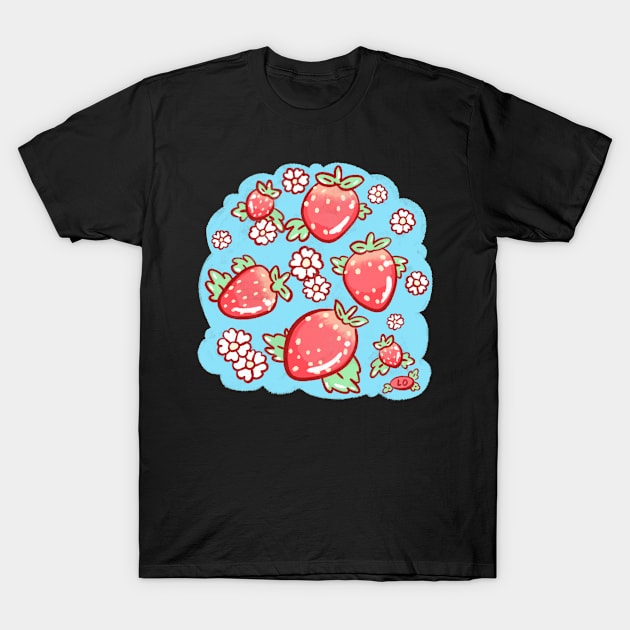 Strawberries and Blossoms - Powder T-Shirt by DinoCatDraws